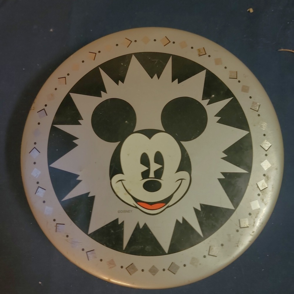 Disney Mickey Mouse Round Metal Tin Black White Starburst Storage Decor As Is